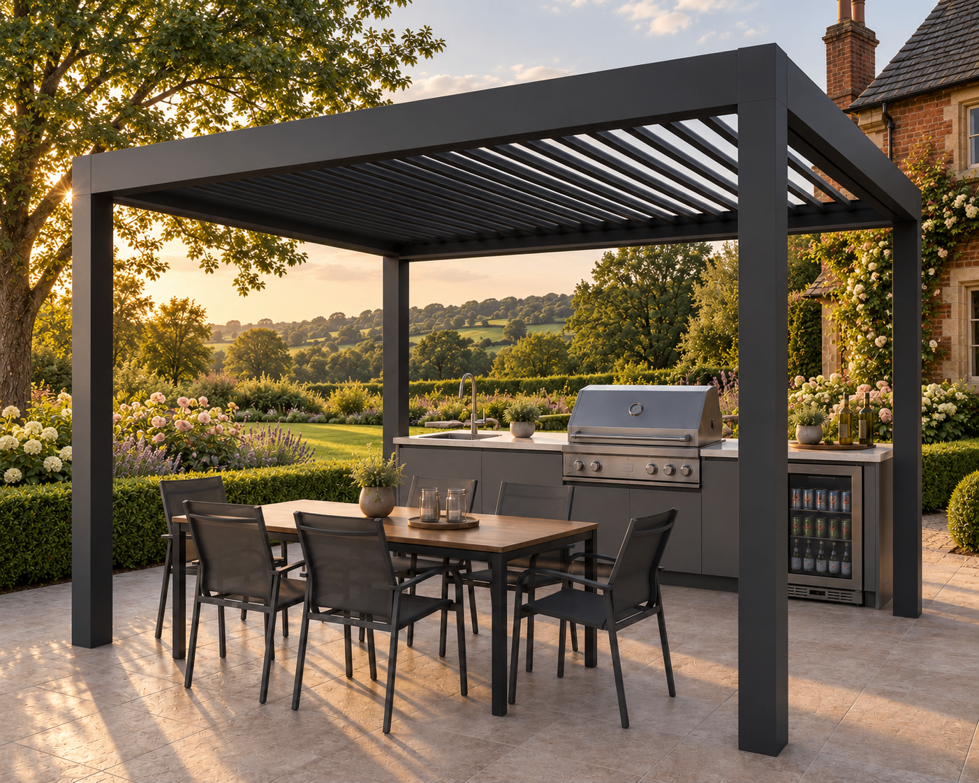 The Signature Chef Combo - anthracite louvred pergola with outdoor kitchen and dining table in an English country garden at sunset