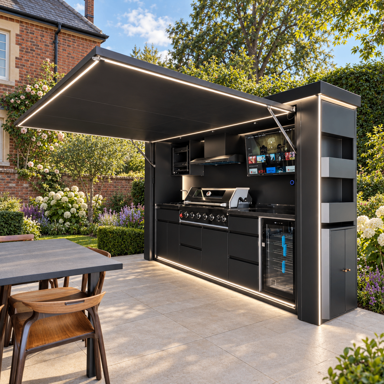 Matte black Aristo Foldaway Kitchen with raised canopy, built-in barbecue and glass-fronted fridge, beside a dining table on a sunlit British garden patio
