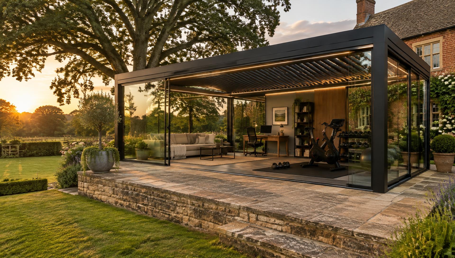 Black All Seasons glass pergola room on a Cotswold stone terrace in an English country garden at sunset