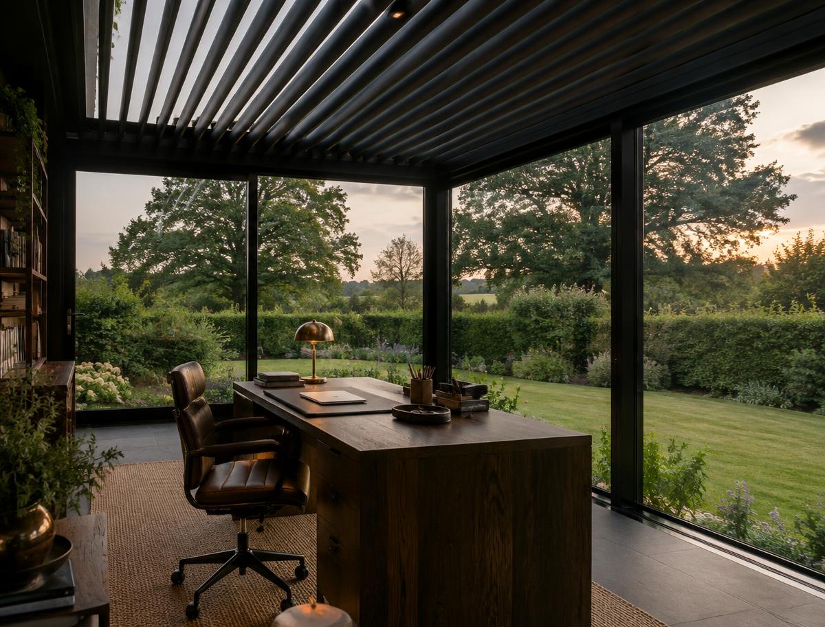 Garden office inside an All Seasons pergola overlooking an English lawn
