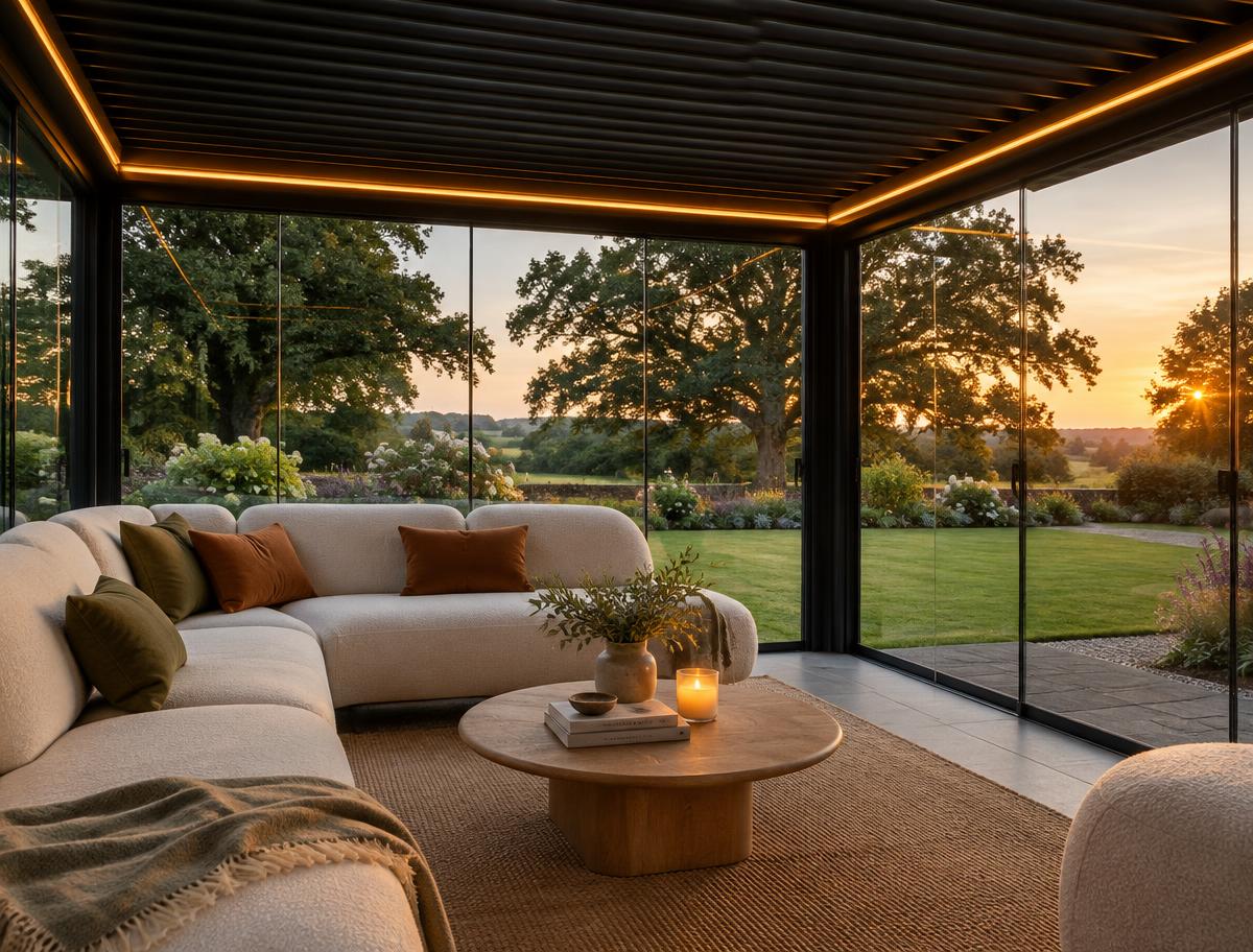 Lounge with cream sofa inside an All Seasons pergola at sunset