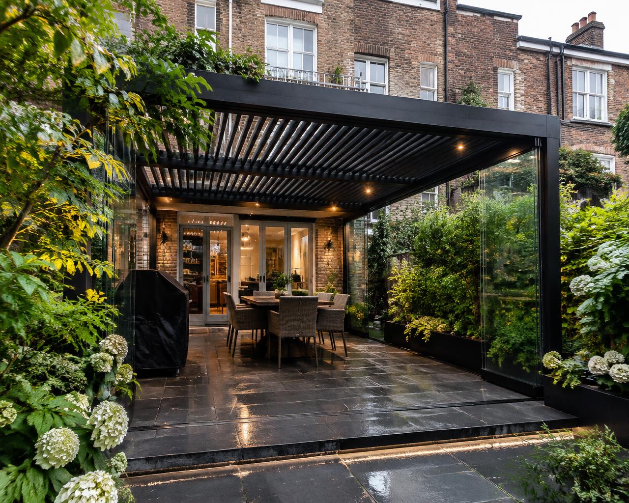 The Aristo Pergola as a standalone bioclimatic structure in an English garden