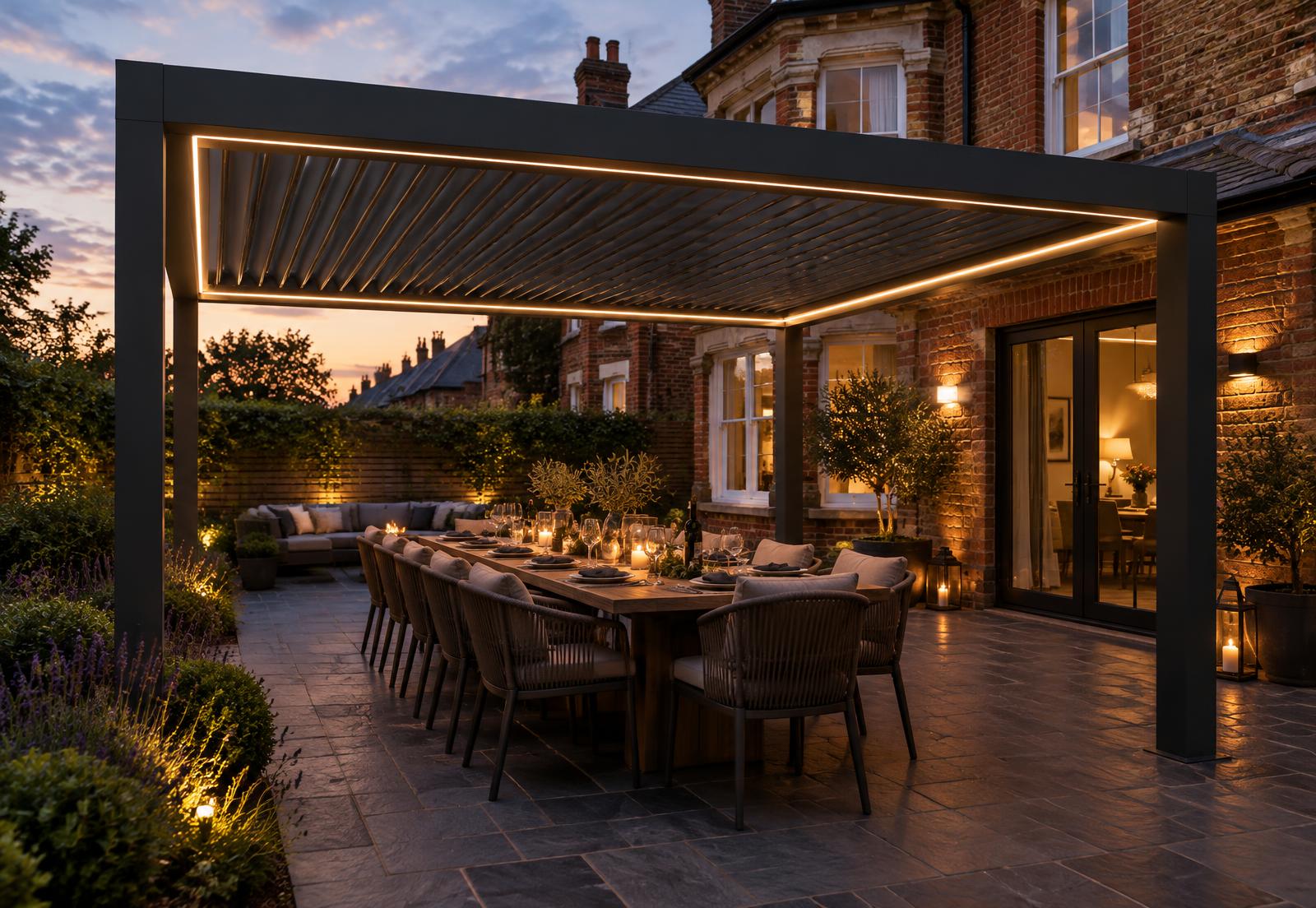 Anthracite pergola with dining table at dusk behind a Victorian house
