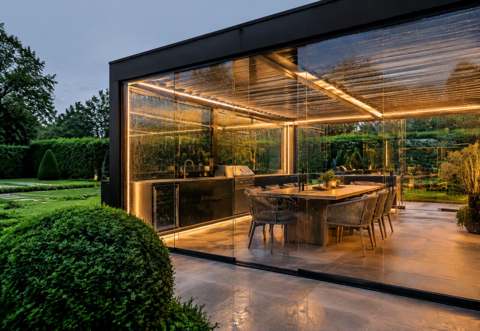 Glass-enclosed pergola with outdoor kitchen on a rainy English evening