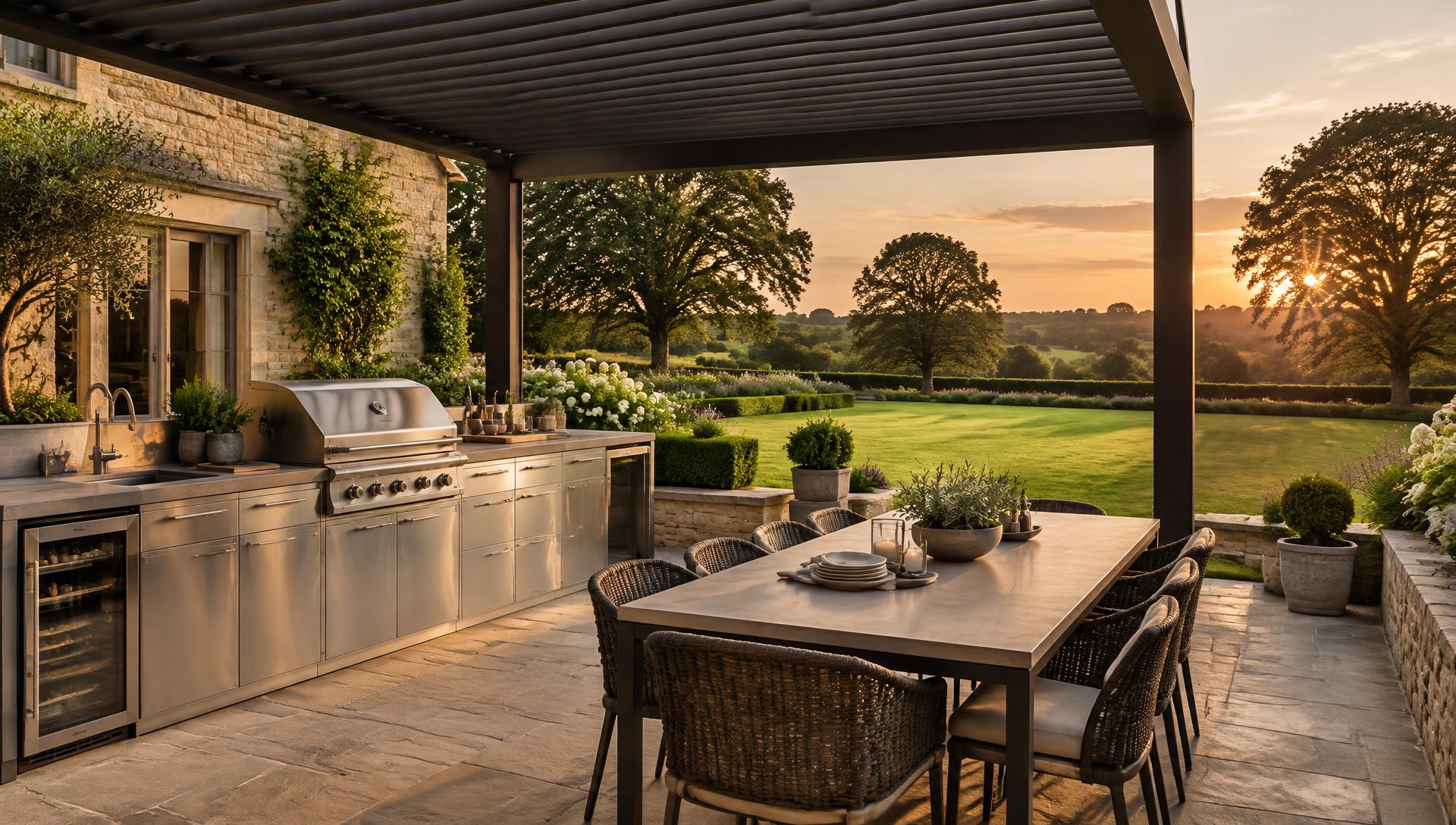 Aristos louvred pergola and outdoor kitchen on a Cotswold stone terrace overlooking an English country garden